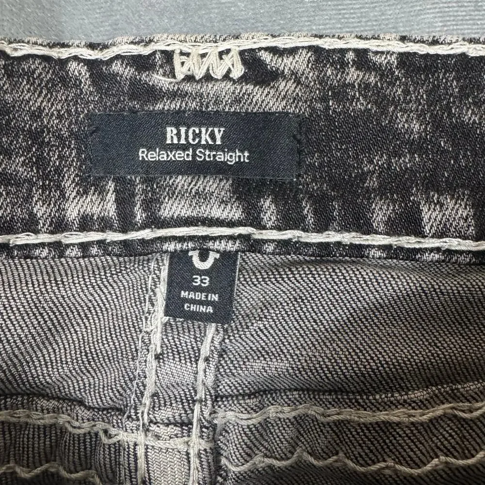 True Religion Ricky Relaxed Straight Acid Wash Black Jeans 33 Stitch